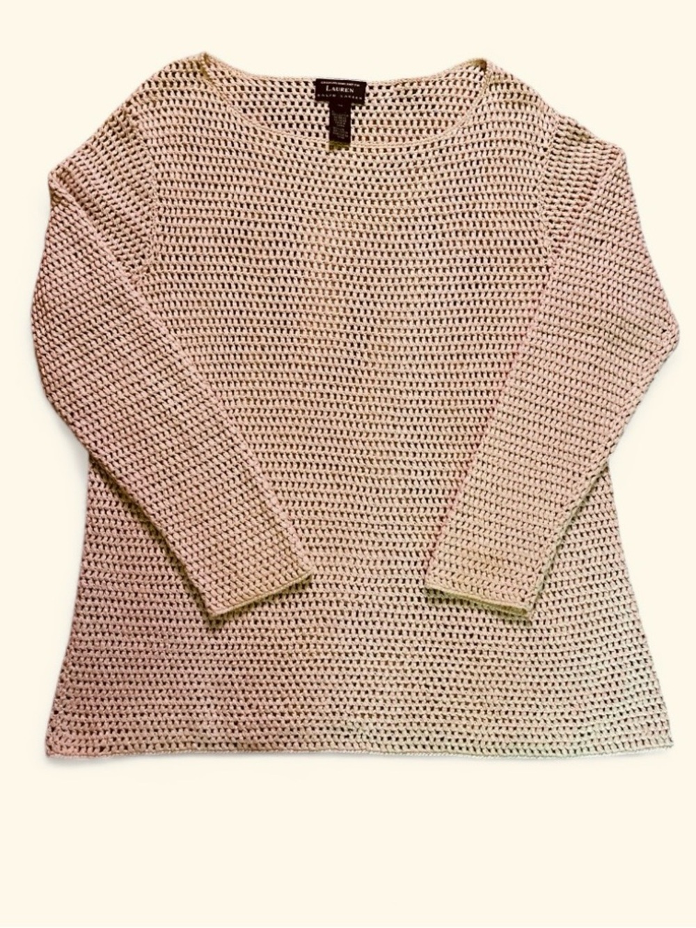 Lauren Ralph Lauren size 1X Beige Open-Weave Long-Sleeve Knit Top cotton linen
